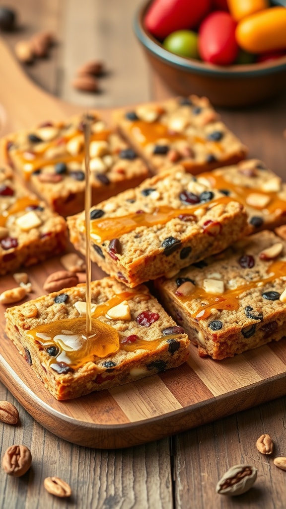 A selection of chewy snack bars made with oats and nuts, beautifully arranged on a wooden surface, surrounded by nuts and fresh fruit.